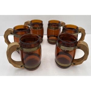 6 Vintage 1960's Siesta Ware Amber Brown Glass Barrel Mug Wood Handle Brass Trim